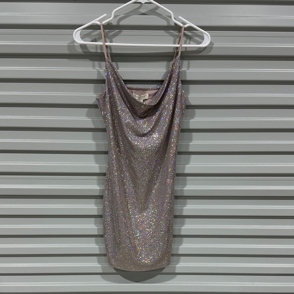 Iridescent Pink Slip Mini Dress with Cowl Neck